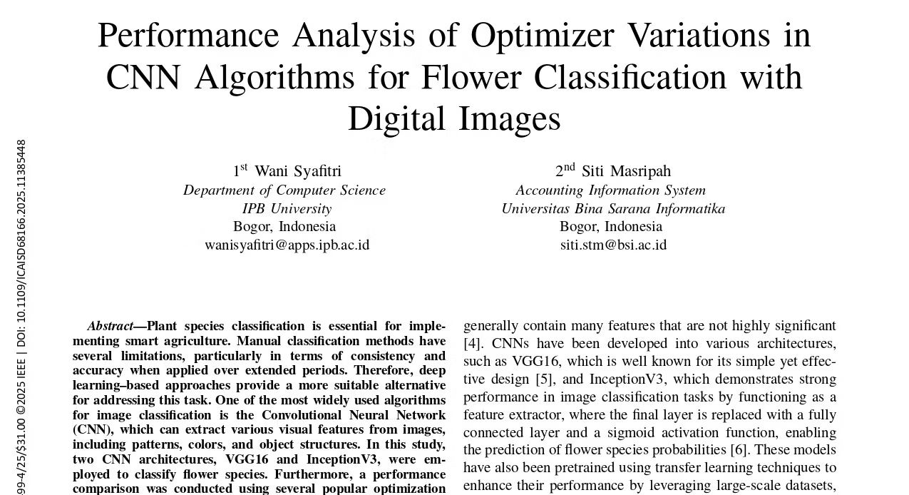 Performance Analysis of Optimizer Variations in CNN Algorithms for Flower Classification with Digital Images